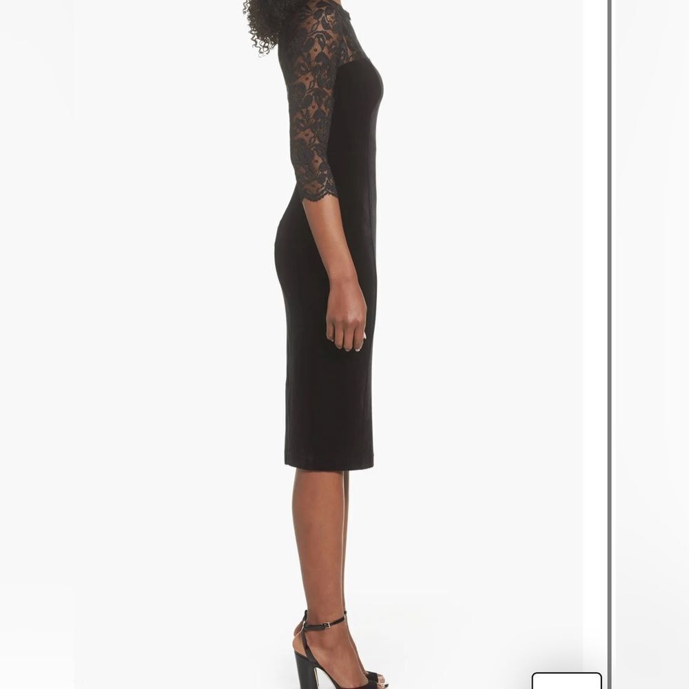 Eliza J lace & velvet sheath black midi dress 3/4 sleeves fully lined‎ sz 8 - Picture 2 of 16